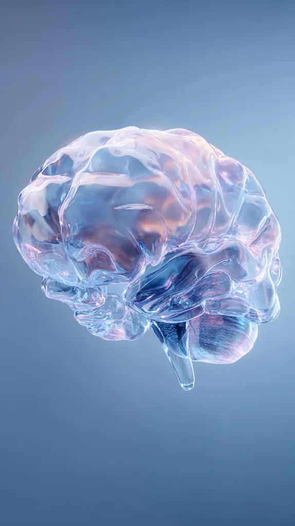 A translucent, glass-like rendering of a human brain is presented against a muted blue backdrop. The brain's form is discernible, with its convolutions and lobes subtly visible through the semi-transparent material.  The image evokes a sense of fragility and complexity, suggesting the intricate nature of thought and consciousness.  The cool color palette adds to the ethereal and almost otherworldly quality of the visual.