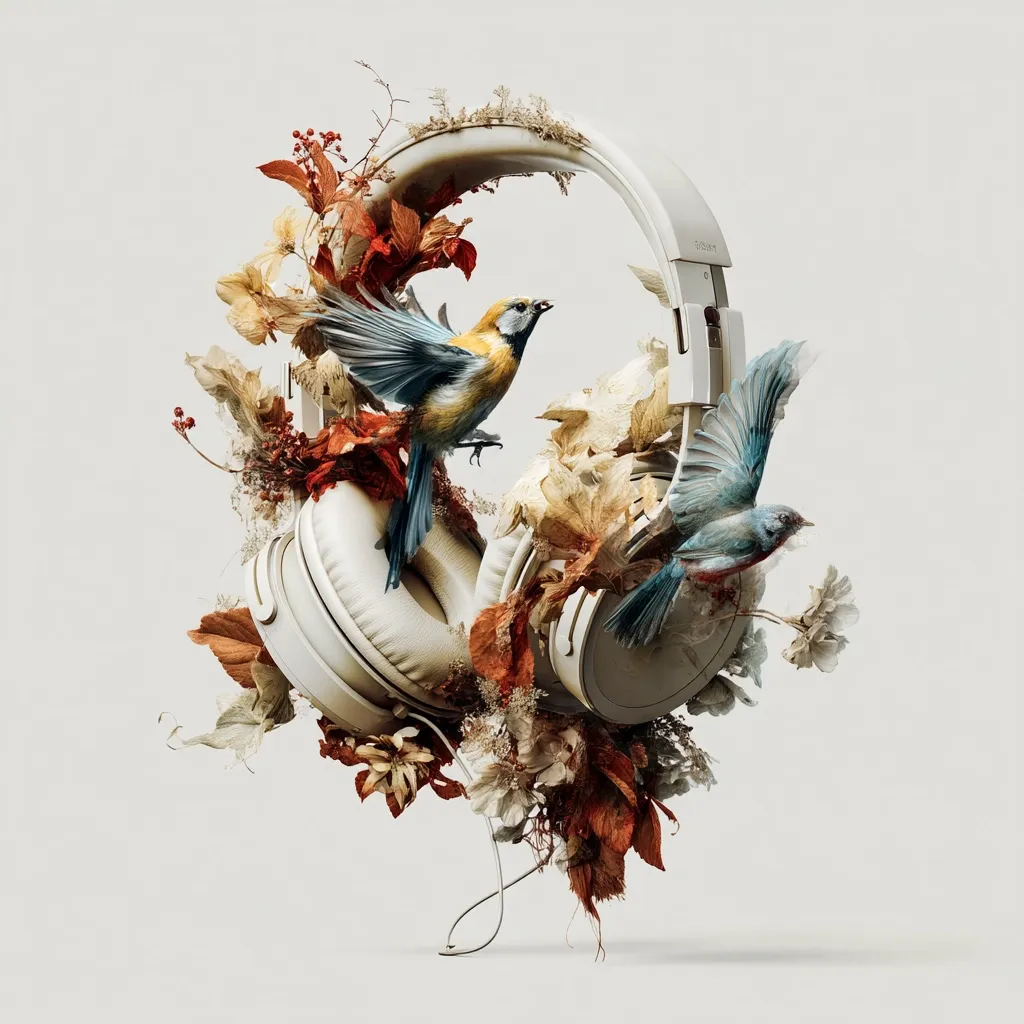 A pair of cream-colored Sony headphones is adorned with dried flowers and two birds in flight.  The composition is artistic and surreal, suggesting a connection between nature and music.  The birds, one yellow and one blue, appear to be singing or interacting with the headphones, creating a visually captivating image.  The overall aesthetic is delicate and autumnal.