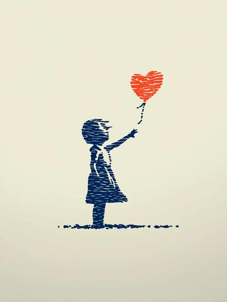 A stylized illustration depicts a young girl, rendered in dark blue, reaching upwards towards a red heart-shaped balloon.  The image is minimalist, with a light beige background.  The girl's posture suggests longing or a hopeful gesture, emphasizing a theme of love, dreams, or aspiration. The textured style adds a touch of artistic expression.