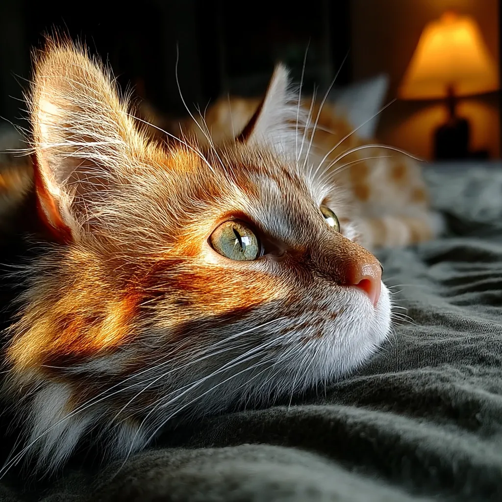 A ginger cat with striking green eyes rests its head on a dark-colored fabric.  Sunlight highlights the fur on its face, creating a warm glow.  The cat's gaze is directed upward and to the right, suggesting contemplation or alertness. The background is softly blurred, with a warm lamp visible.  The overall mood is peaceful and intimate.