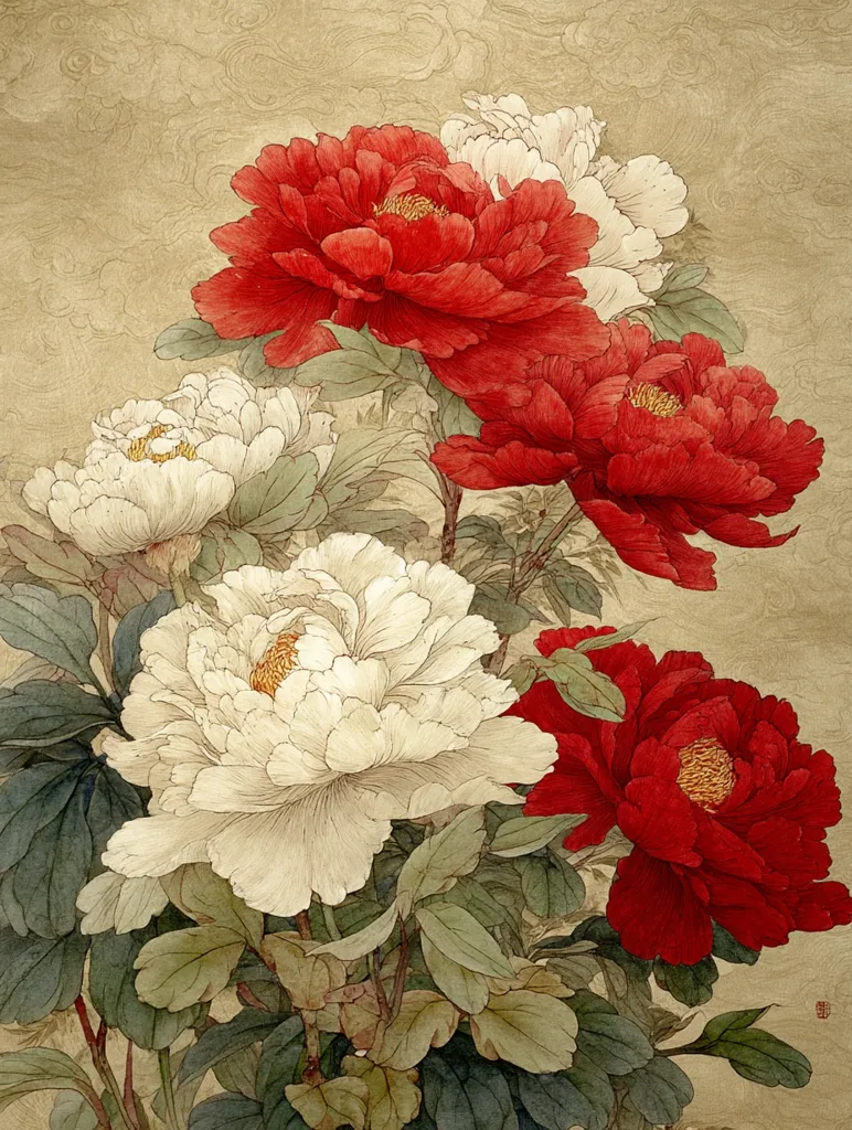 A delicate watercolor painting showcases a lush bouquet of peonies.  Vibrant red and creamy white blooms are artfully arranged, their full petals meticulously rendered.  The artist captures the subtle texture of the blossoms and leaves, set against a muted beige background that enhances the floral vibrancy.  The style suggests a classical Chinese influence, emphasizing elegance and natural beauty.