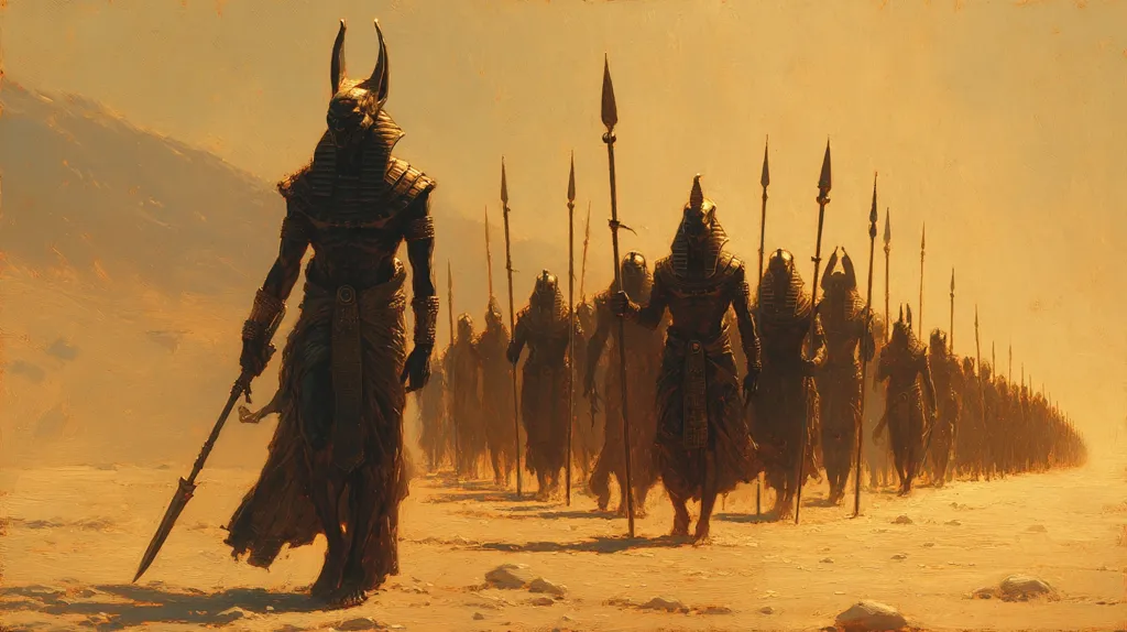 A powerful Anubis-headed figure leads a long line of Egyptian soldiers across a sandy desert under a warm, golden sky.  The soldiers, clad in dark armor and carrying spears, march in formation, their silhouettes stark against the setting sun. The scene evokes a sense of ancient power and a vast, desolate landscape.
