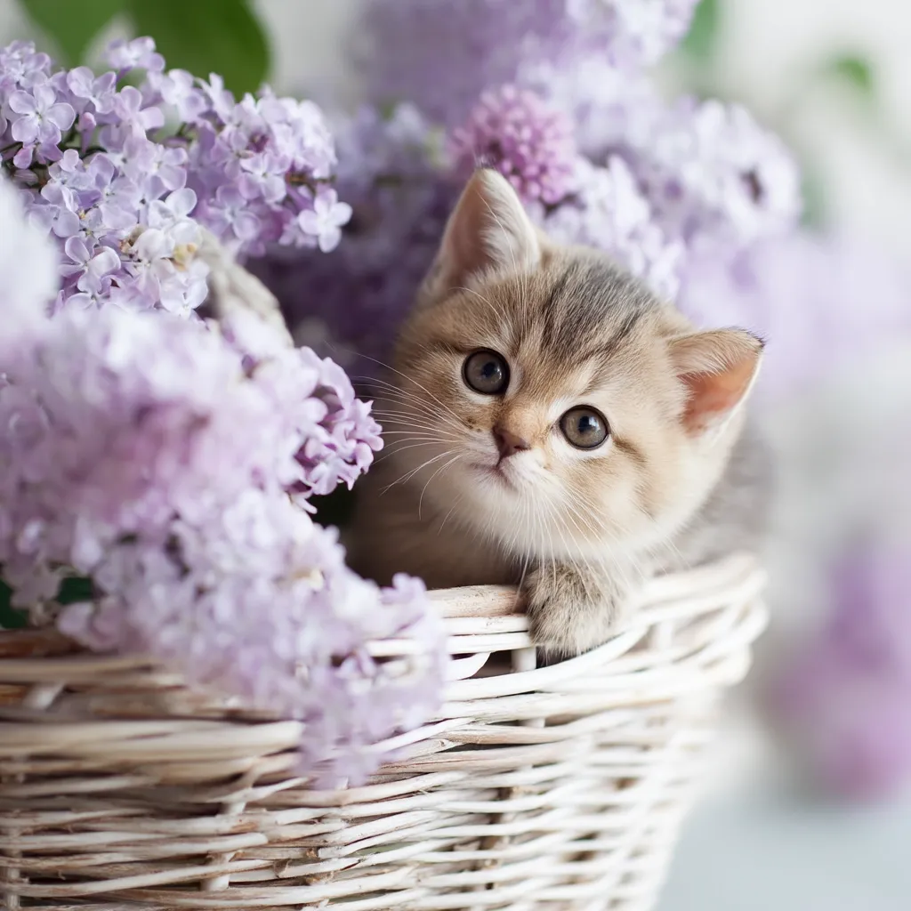 An adorable golden British Shorthair kitten is nestled in a wicker basket overflowing with delicate purple lilac blossoms.  Its large, expressive eyes peek out from the flowers, creating a charming and heartwarming springtime scene. The kitten appears soft and fluffy, contrasting beautifully with the vibrant lilac blooms.