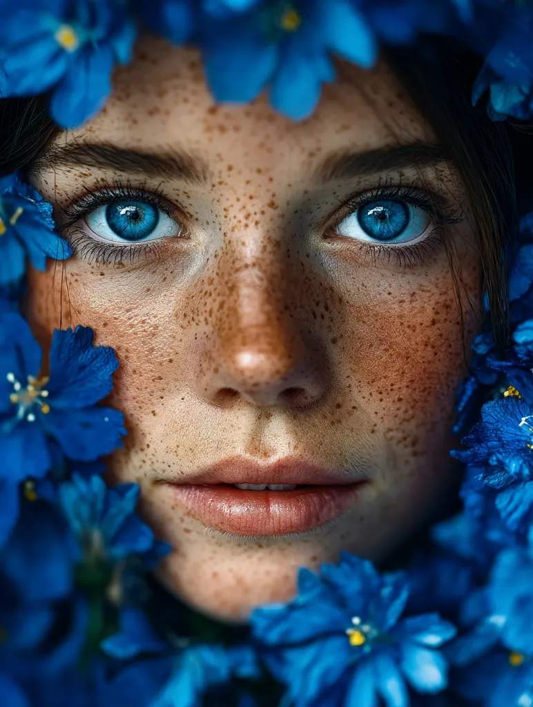 A close-up portrait of a young woman with freckles and striking blue eyes.  She is surrounded by vibrant blue flowers, which frame her face and create a captivating contrast with her skin tone. The image is soft and ethereal, emphasizing the beauty of natural features and the delicate interplay of colors.  Her expression is serene and captivating.