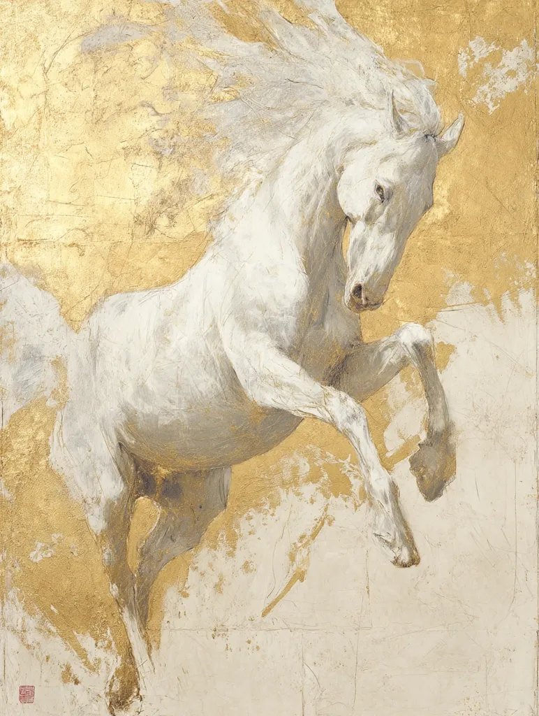 A majestic white horse, depicted in a dynamic pose, is the focal point of this artwork. Its flowing mane and tail suggest movement, while its powerful legs appear poised for action.  The artist uses a textured, gold-toned background, creating a striking contrast with the horse's pale form.  The overall effect is one of both grace and strength, evoking a sense of freedom and power.
