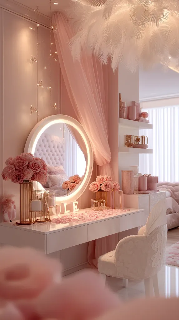 A luxurious, blush-pink vanity set features a large, illuminated round mirror, adorned with pink roses in gold vases.  A white vanity with drawers sits beneath, accompanied by a plush, white chair.  Delicate pink fairy lights and sheer curtains add to the romantic atmosphere, complemented by a white feather chandelier and shelves filled with decorative items.  The overall aesthetic is elegant and feminine.