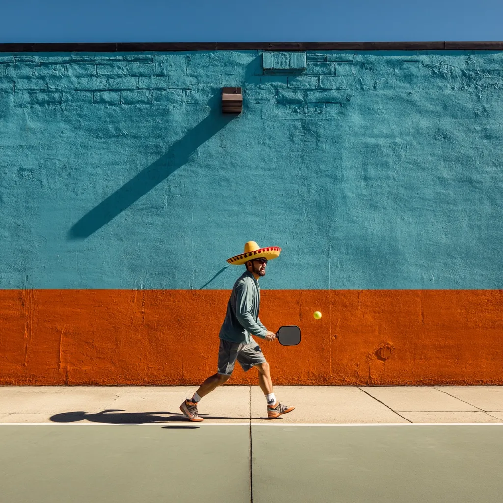 A man wearing a sombrero plays pickleball against a vibrant teal and orange wall.  He's in mid-swing, a yellow ball in the air, his shadow stretching long on the court.  The bright sunlight and bold colors create a striking contrast, emphasizing the playful scene.  The image is a dynamic blend of sport and festive attire.