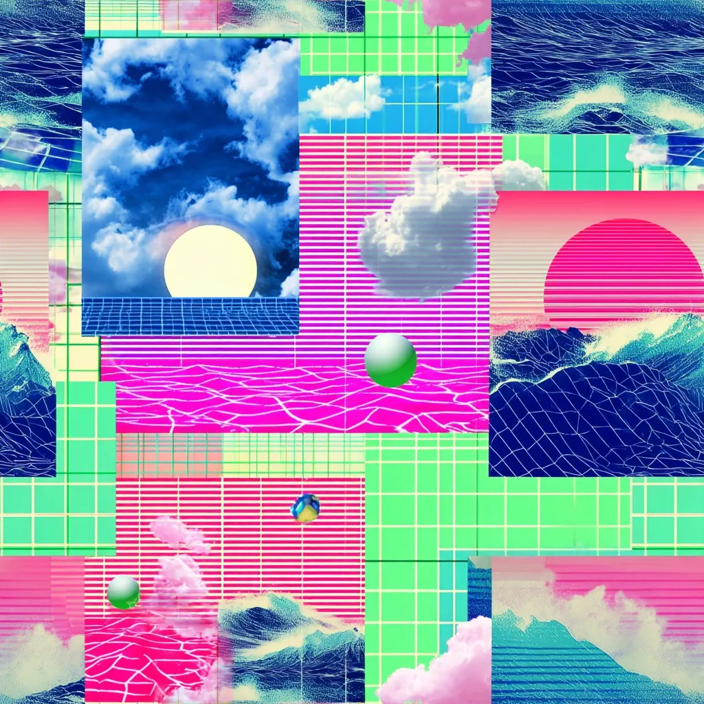 A vibrant, retro-futuristic collage features a gridded layout.  Sections showcase stylized ocean waves, cloudy skies with a sun or moon, and floating spheres.  Bold neon pink and green hues contrast with blues and purples, creating a dynamic, 80s-inspired aesthetic.  The image is a seamless pattern of repeating elements, showcasing a playful mix of textures and shapes.