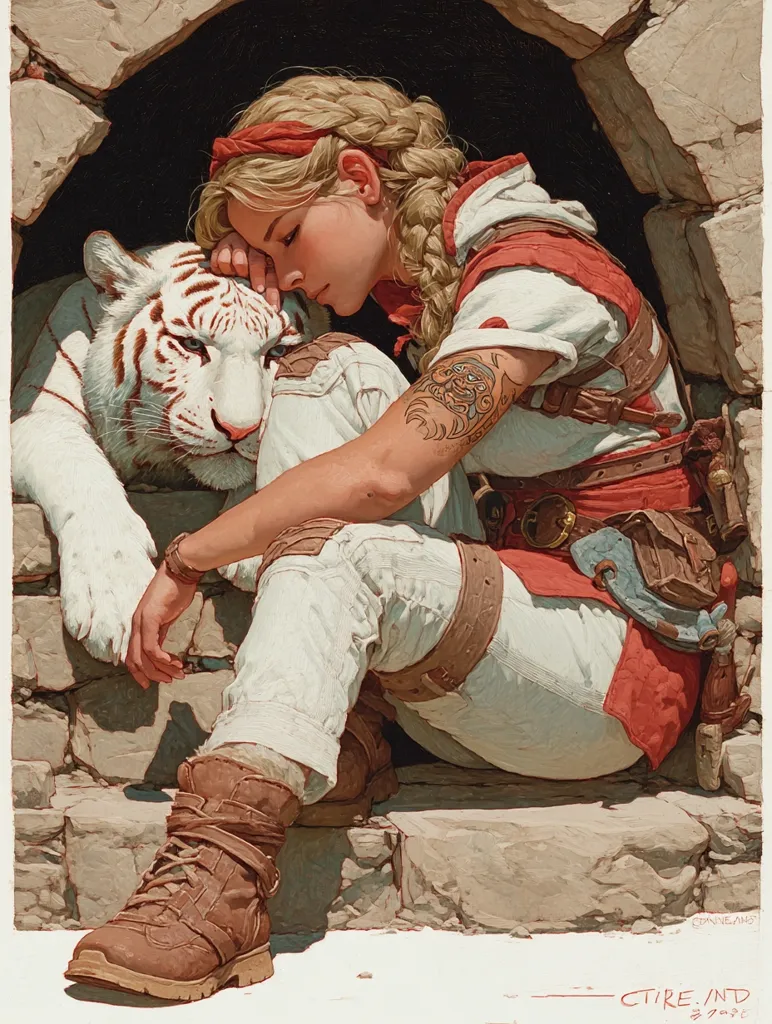 A young woman with blonde braids and a red headband sits nestled in a stone alcove, cradling a white tiger.  She wears cream-colored pants and a red and cream tunic, accented with brown leather straps and boots.  A tattoo adorns her arm.  The scene is rendered in a realistic style, with attention to detail in the textures of clothing, fur, and stone.  The overall mood is one of quiet companionship and serenity.