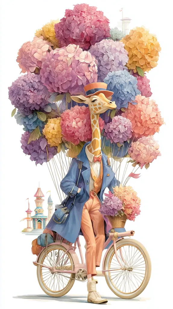 A whimsical illustration depicts a giraffe, dressed in a stylish coat and trousers, riding a pastel pink bicycle.  The giraffe's head is surrounded by a large bouquet of pastel hydrangeas, appearing as if they are lifting him aloft.  A small basket of flowers adorns the bicycle's handlebars, and a fairytale-like castle is visible in the background. The overall style is charming and surreal.