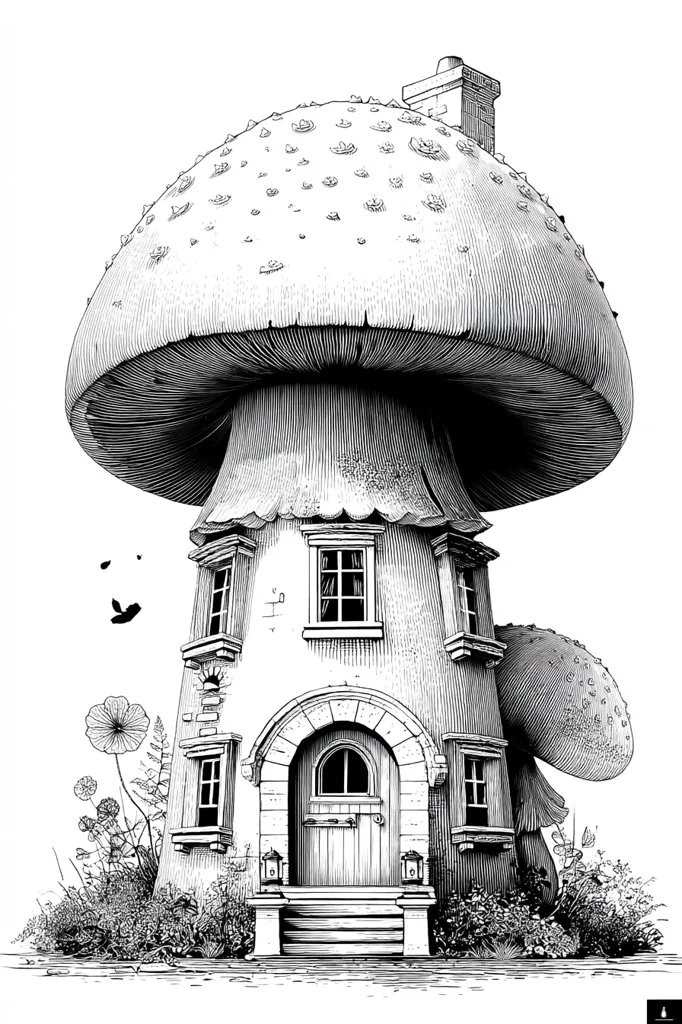 A detailed black and white illustration depicts a whimsical house built into a giant mushroom.  The mushroom's cap forms the roof, complete with a tiny chimney.  The house features a charming arched doorway, small windows, and a stone-like texture.  Surrounding greenery adds to the enchanting, fairytale-like atmosphere.  The meticulous linework creates a sense of depth and realism within the fantastical scene.