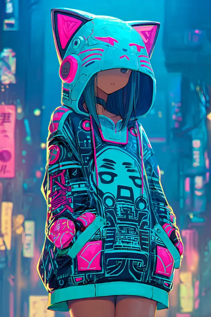 A digital illustration depicts an anime girl in a vibrant teal hoodie adorned with pink accents and circuit-like designs.  The hoodie features cat ears, giving it a futuristic, playful look. Her expression is serious, and she stands in a neon-lit cityscape, suggesting a cyberpunk setting.  The overall style is bold and colorful, blending anime aesthetics with futuristic elements.