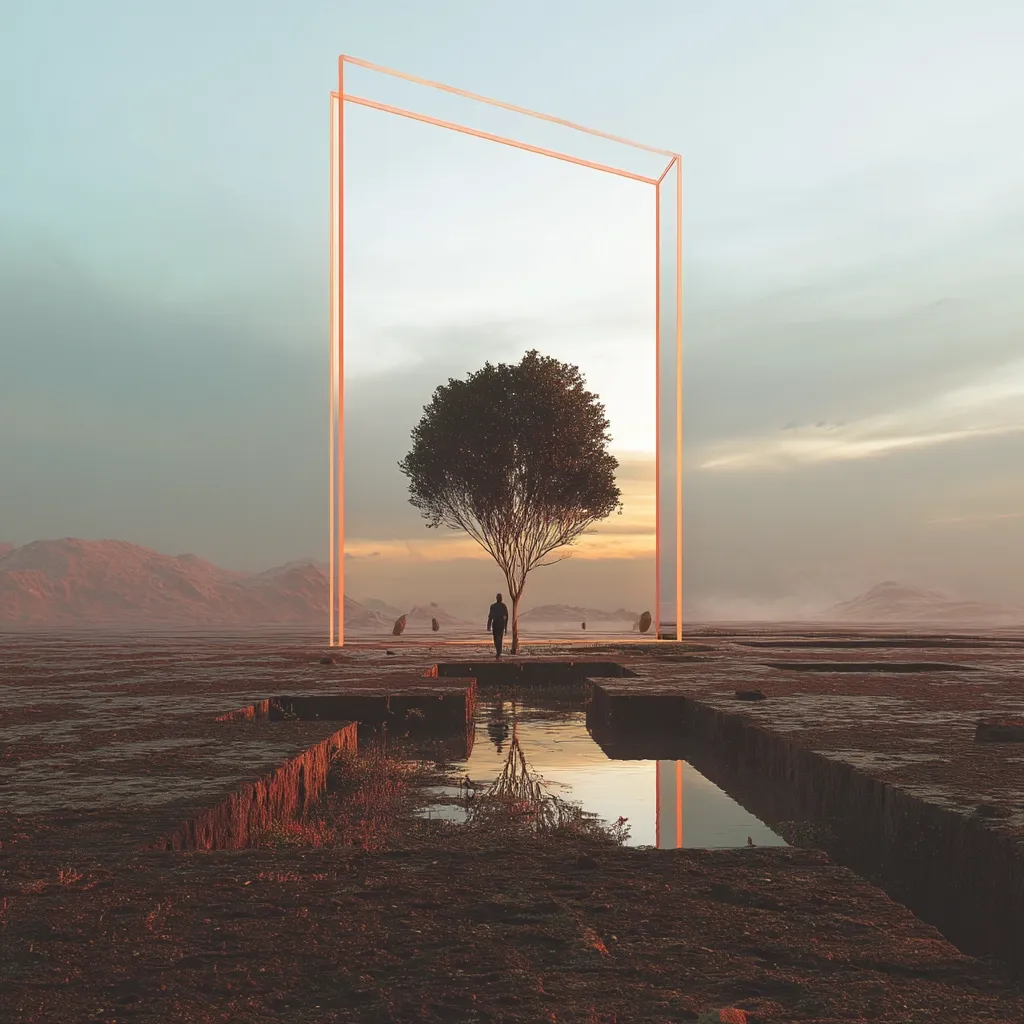 A solitary figure stands before a lush tree, centered within a large, glowing rectangular frame.  The frame is situated in a desolate, cracked landscape, with a calm pool of water reflecting the tree and the frame.  Mountains stretch across the horizon under a soft, sunset sky. The scene evokes a feeling of introspection and isolation within a surreal, minimalist environment.