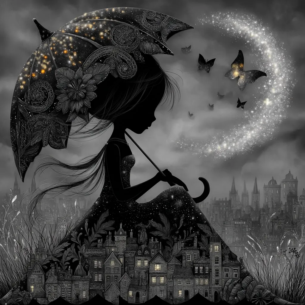 A grayscale illustration depicts a silhouetted girl sitting under a star-dusted umbrella.  Her dress resembles a cityscape, and she holds the umbrella handle delicately.  Several glittering butterflies flutter near a crescent moon trail above a distant, shadowy city. The scene is dreamlike and evocative of fantasy, with a focus on fine detail and intricate designs.