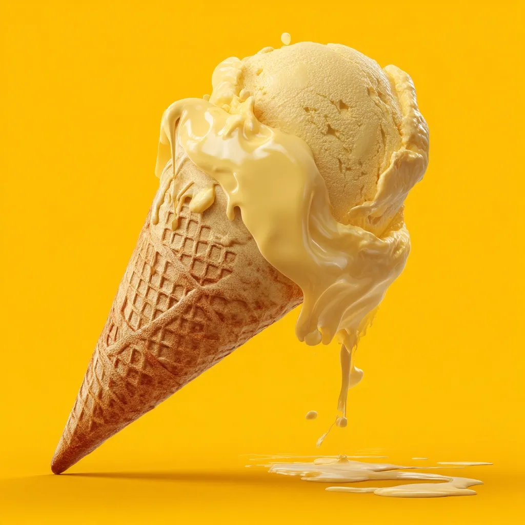 A melting ice cream cone sits on a yellow background.  The pale yellow ice cream is overflowing the waffle cone, dripping down in a luscious stream onto the surface below.  The scene is vibrant and playful, emphasizing the creamy texture and the summery treat. The overall mood is one of sweet indulgence.