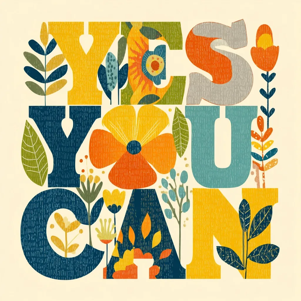 A vibrant, retro-styled illustration spells out "YES YOU CAN" using stylized letters filled with colorful flowers and leaves.  The design incorporates a mid-century modern aesthetic with bold colors and textured patterns, creating a positive and encouraging message.  The artwork is ideal for motivational posters or prints.