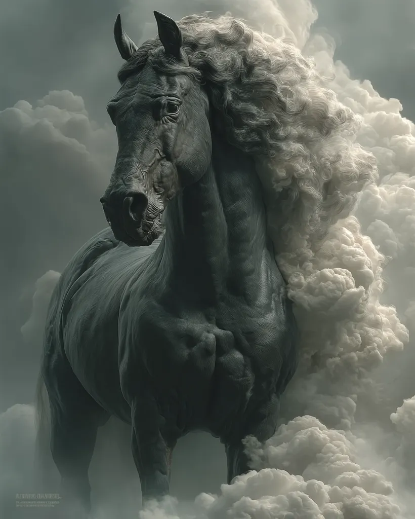 A majestic black stallion, its powerful muscles rippling beneath its dark coat, stands amidst swirling clouds.  Its long, flowing mane and tail are a blend of dark and lighter shades, appearing almost ethereal against the misty backdrop. The image evokes a sense of power, mystery, and freedom, the horse seemingly emerging from or merging with the clouds. The overall mood is dramatic and awe-inspiring.