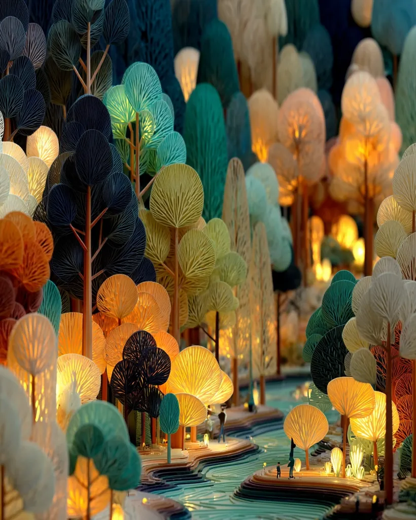 A whimsical, miniature forest scene is depicted, featuring intricately designed trees with glowing, layered leaves in a spectrum of warm and cool colors.  A winding river flows through the layered landscape, with tiny figures adding a sense of scale and story. The overall effect is enchanting and dreamlike, suggestive of a fantastical, illuminated world.