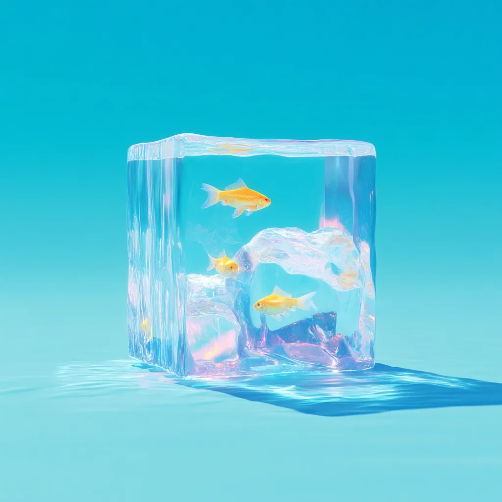 Three goldfish swim inside a large, translucent ice cube resting on a light blue surface. The cube is partially submerged, casting a shadow. The scene is brightly lit, creating a surreal and visually striking image.  The overall aesthetic is clean, minimalist, and subtly artistic.
