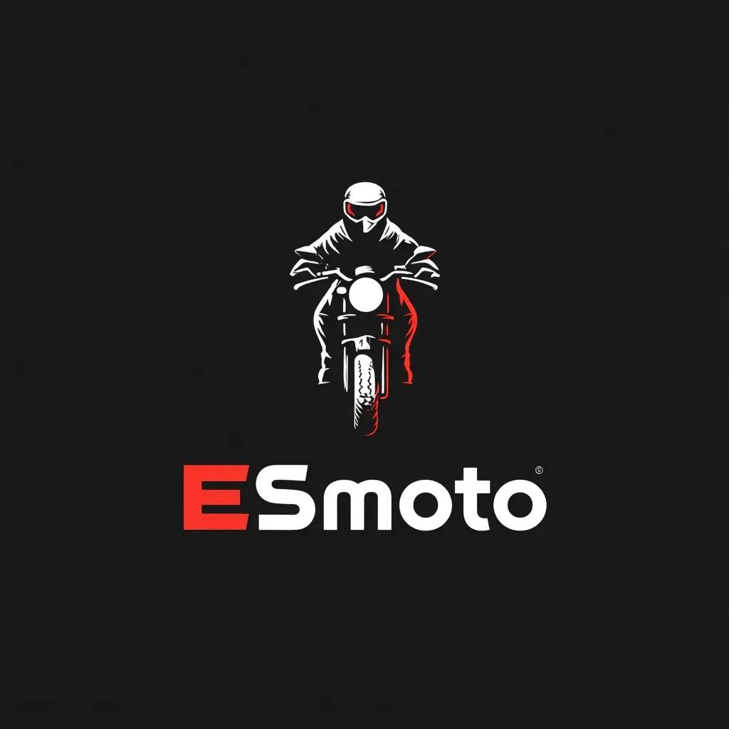 A logo for "ESmoto" is displayed against a black background.  The logo features a stylized, front-on illustration of a motorcyclist on a classic motorcycle. The rider and bike are depicted in white, creating a striking contrast against the dark backdrop. The "E" in "ESmoto" is highlighted in red, adding a pop of color to the otherwise monochrome design.  The overall style is minimalist and impactful.