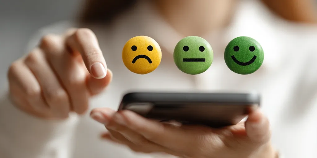 A person uses a smartphone to provide feedback, selecting from three emoticon options: sad, neutral, and happy.  The emoticons appear to float above the phone, visually representing a customer satisfaction survey or rating system. The image emphasizes the ease and convenience of digital feedback.