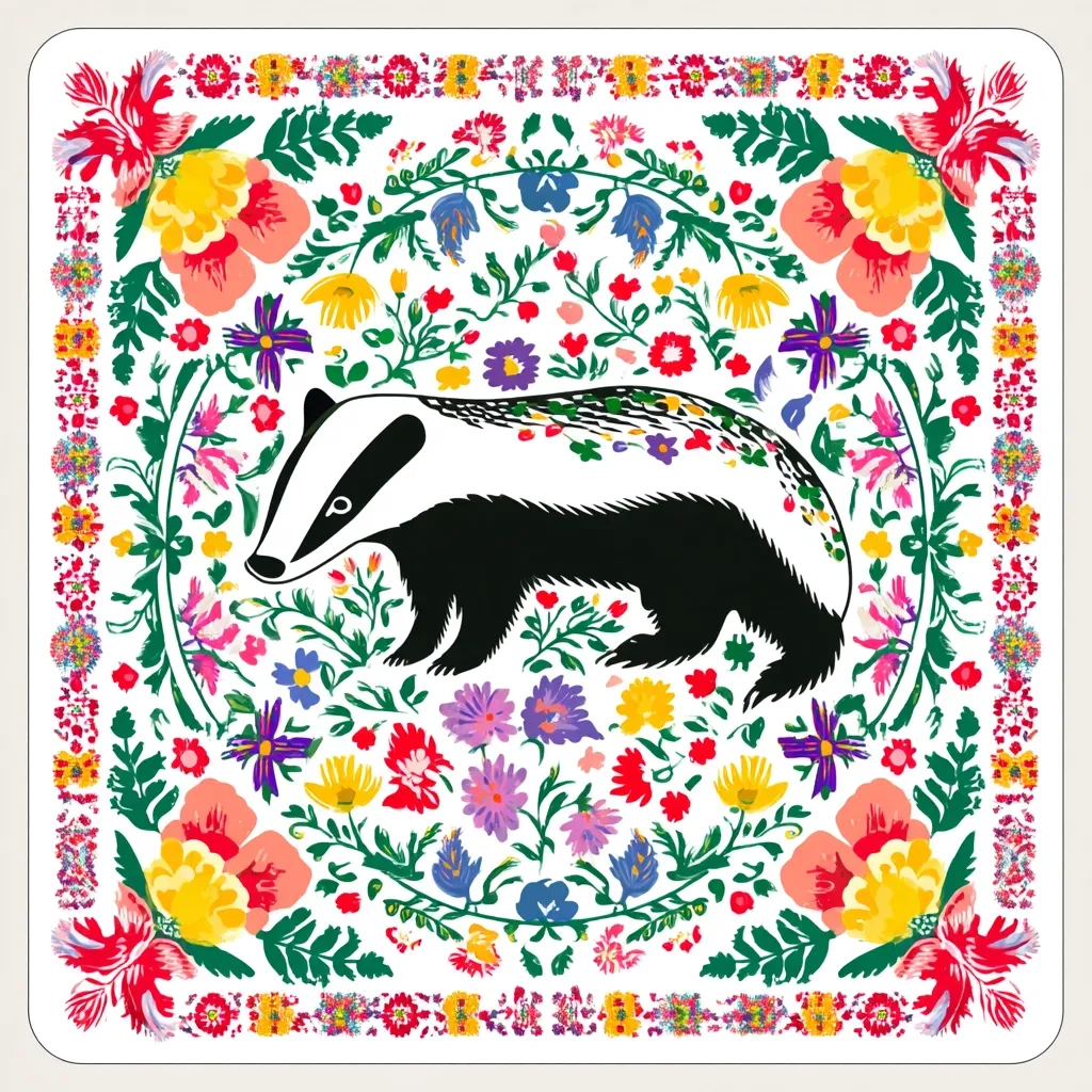 A black and white badger is centrally positioned against a vibrant backdrop of colorful floral designs. The flowers, in various shapes and hues, create a square border around the badger, forming a decorative frame. The style is reminiscent of folk art, with bold colors and intricate patterns. The overall effect is cheerful and whimsical.