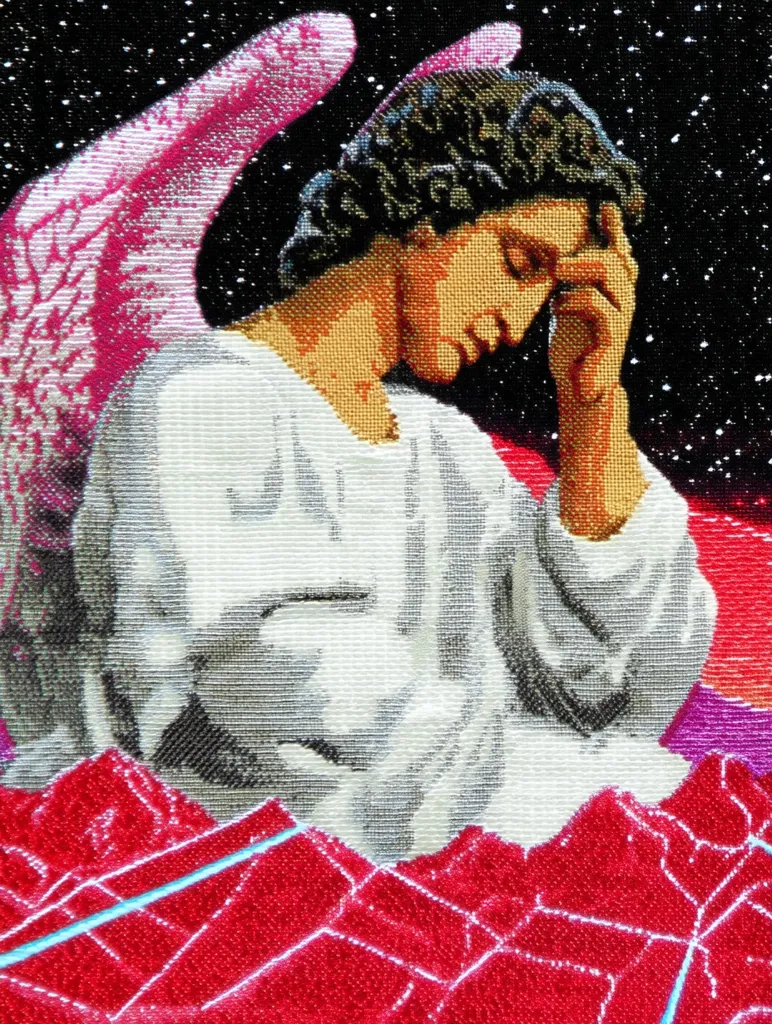 A beaded artwork depicts a sorrowful angel with a pink wing, head in hand.  The angel is rendered in grayscale, contrasting with the vibrant red and purple landscape below and the dark, starry background. The meticulous detail of the beadwork creates a textured, almost three-dimensional effect. The angel's pose suggests grief or contemplation, adding a poignant quality to the piece.