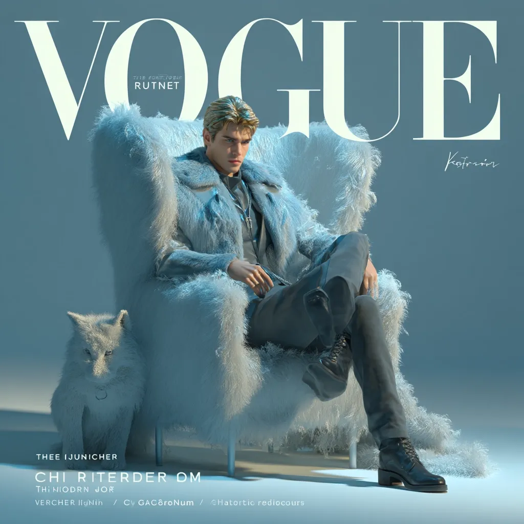 A Vogue magazine cover features a male model, blond hair and pale skin, seated in a large fluffy, light blue armchair.  He's dressed in a stylish, light blue fur coat and dark trousers, paired with black boots. A white wolf-like creature sits beside him. The backdrop is a muted blue, creating a cool and sophisticated atmosphere.  The cover's design is minimalist, emphasizing the model and the Vogue logo.