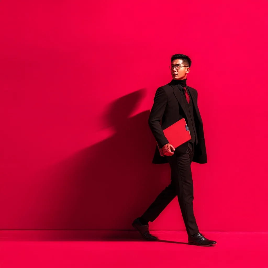 A stylishly dressed young man in a black suit and red tie walks against a vibrant pink background. He carries a red clipboard, adding a pop of color to his monochrome outfit.  His glasses and confident posture convey a professional and sophisticated air.  The image is sharp and the color contrast is striking.