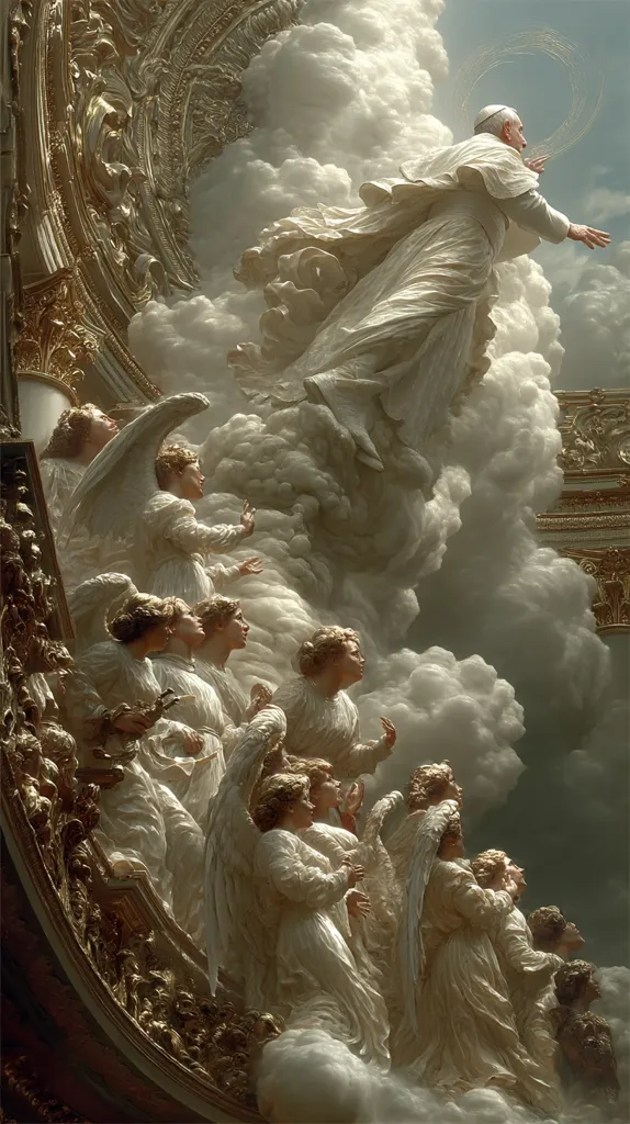 A dramatic depiction of a Pope ascending to Heaven amidst a celestial throng.  Surrounded by a chorus of angels with outstretched wings, he is enveloped in luminous clouds, his white robes billowing.  Ornate, gilded architecture frames the scene, contrasting the earthly with the divine. The overall impression is one of ethereal beauty and spiritual ascension.