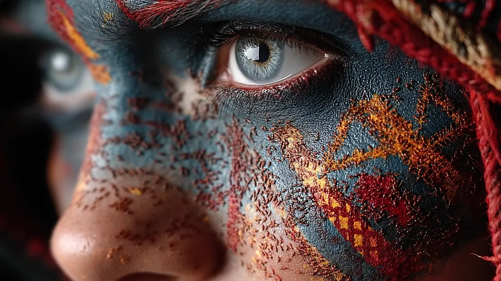 Close-up of a person's face adorned with intricate face paint.  The paint features a striking blend of deep blues, fiery reds, and shimmering gold accents, creating a textured, almost embroidered effect.  A single, piercing light blue eye is visible, its gaze directed away from the viewer.  Part of a red and beige head wrap is seen in the upper right corner. The overall impression is one of artistic expression and perhaps a tribal or fantasy theme.