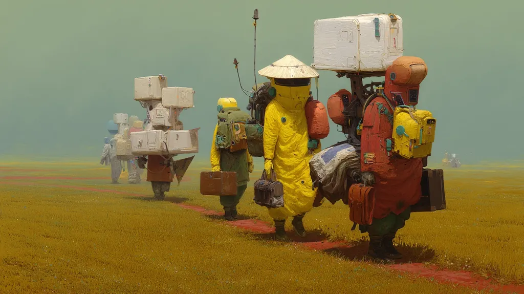 A digital painting depicts a line of figures traversing a hazy, ochre field.  They are mechanized, carrying large boxes and luggage on their backs and sides, suggesting a journey. Their attire is a mix of protective gear and worn-out clothing. The overall atmosphere is one of post-apocalyptic travel or migration, with a muted color palette emphasizing the desolate landscape. The figures' expressions are obscured by their protective headgear.