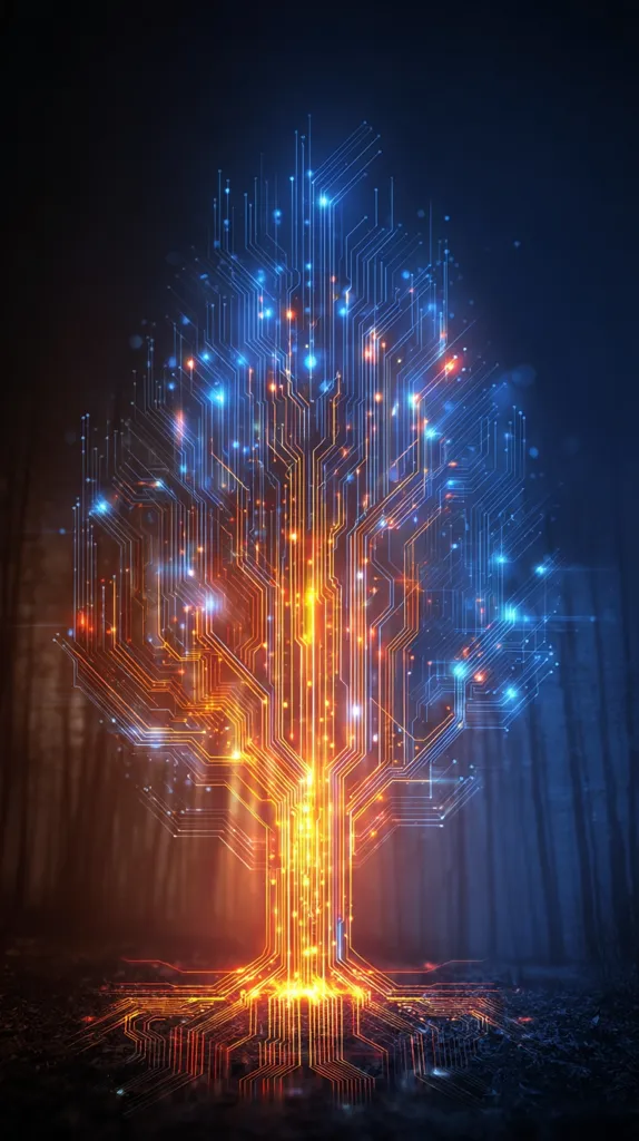 A digital tree, glowing with vibrant orange and blue circuitry, stands in a dark forest.  Its branches and roots resemble intricate electronic pathways, illuminated with sparkling nodes of light.  The image evokes a sense of technological growth and the merging of nature and digital worlds.  The contrast between the dark, natural setting and the bright, technological tree is striking.