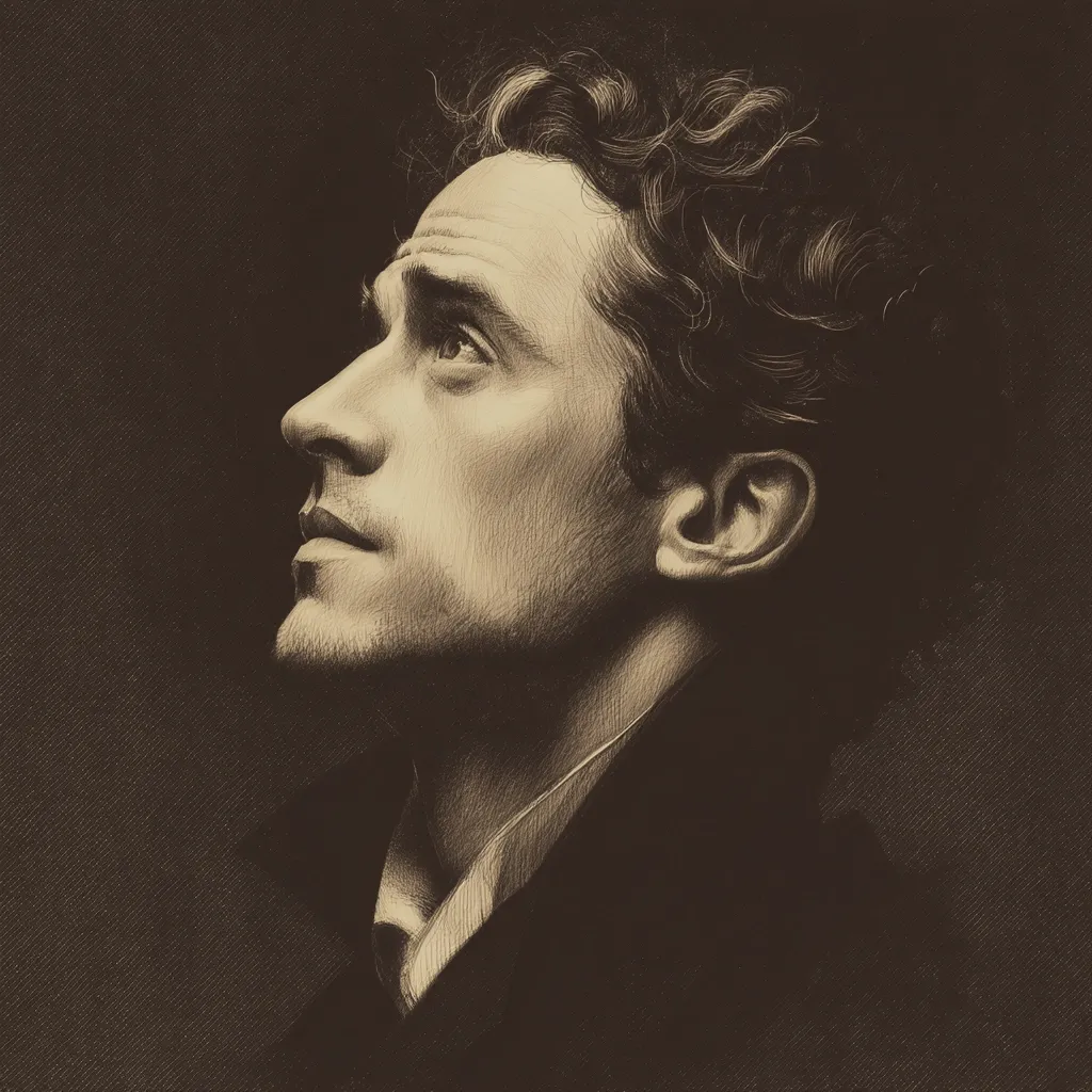 A sepia-toned portrait showcases a man with curly hair, his gaze directed upward and to the left.  His profile is sharply defined, highlighting his strong jawline and expressive eyes. He's dressed in a dark collared coat, lending a classic and somewhat melancholic air to the image.  The style is reminiscent of a charcoal or pencil sketch, with subtle shading creating depth and texture.
