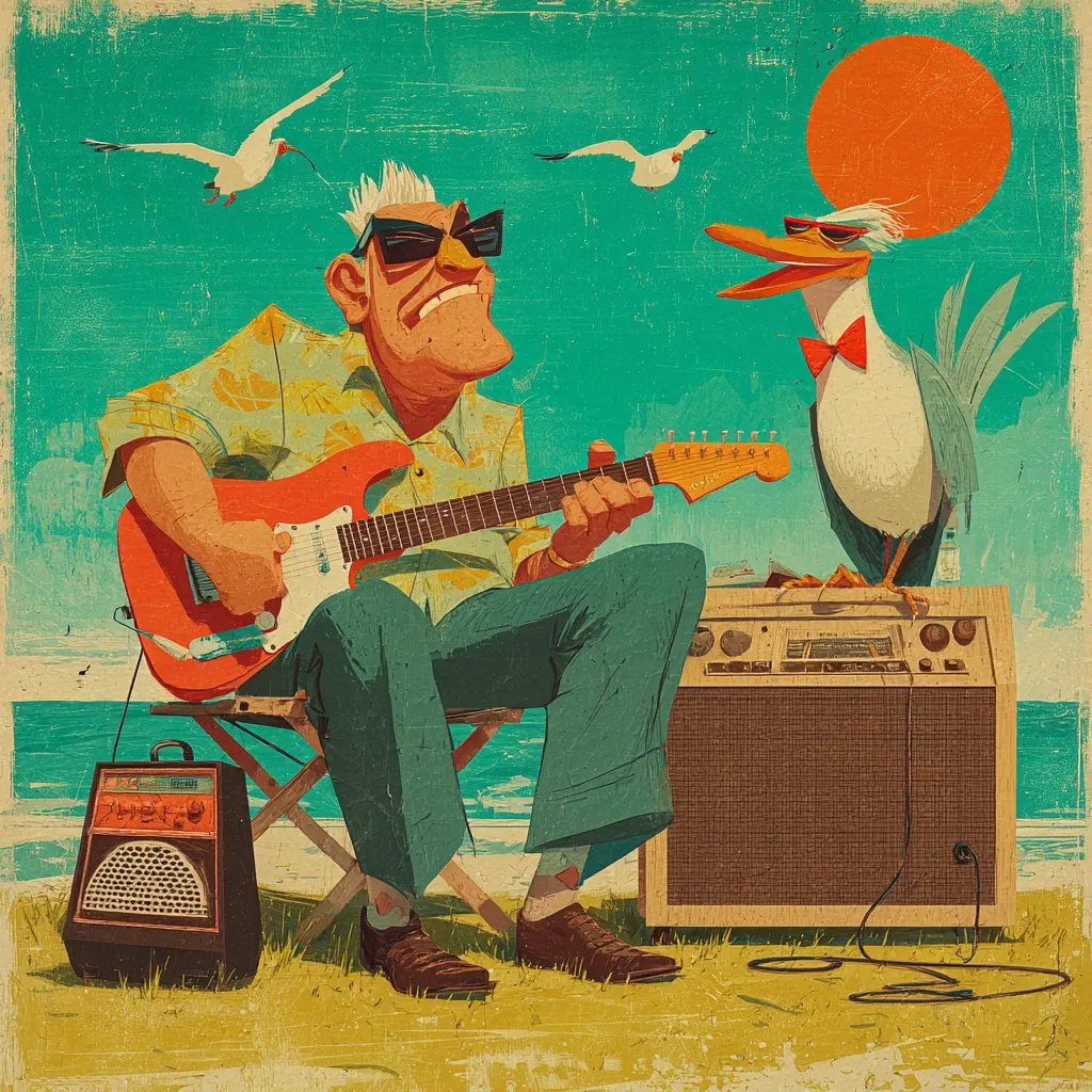 A stylized illustration depicts a man with sunglasses and a Hawaiian shirt playing an electric guitar.  He's seated on a folding chair beside a large amplifier, a smaller amplifier at his feet. A bird in a bow tie is perched on the larger amp.  Seagulls fly overhead, and an ocean is visible in the background, under a large orange sun. The style evokes a retro, possibly mid-century, aesthetic.