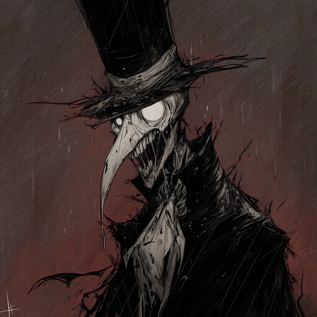 A chilling illustration depicts a skeletal figure in a top hat and long coat, reminiscent of a plague doctor.  Its decaying face features a prominent beak-like mask and glowing white eyes, conveying a sense of dread.  The dark, textured background suggests a stormy atmosphere, enhancing the overall sinister mood. The style is dark and expressive, with heavy use of shading and lines.