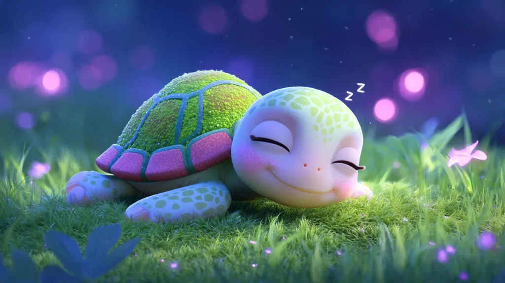 A cute, cartoon turtle sleeps peacefully in a field of vibrant green grass under a twilight sky.  Soft, pink and purple lights twinkle in the background, creating a magical, dreamy atmosphere. The turtle's shell is a pastel green with pink accents, and its face is serene and happy.  Small flowers dot the grass around the sleeping reptile.