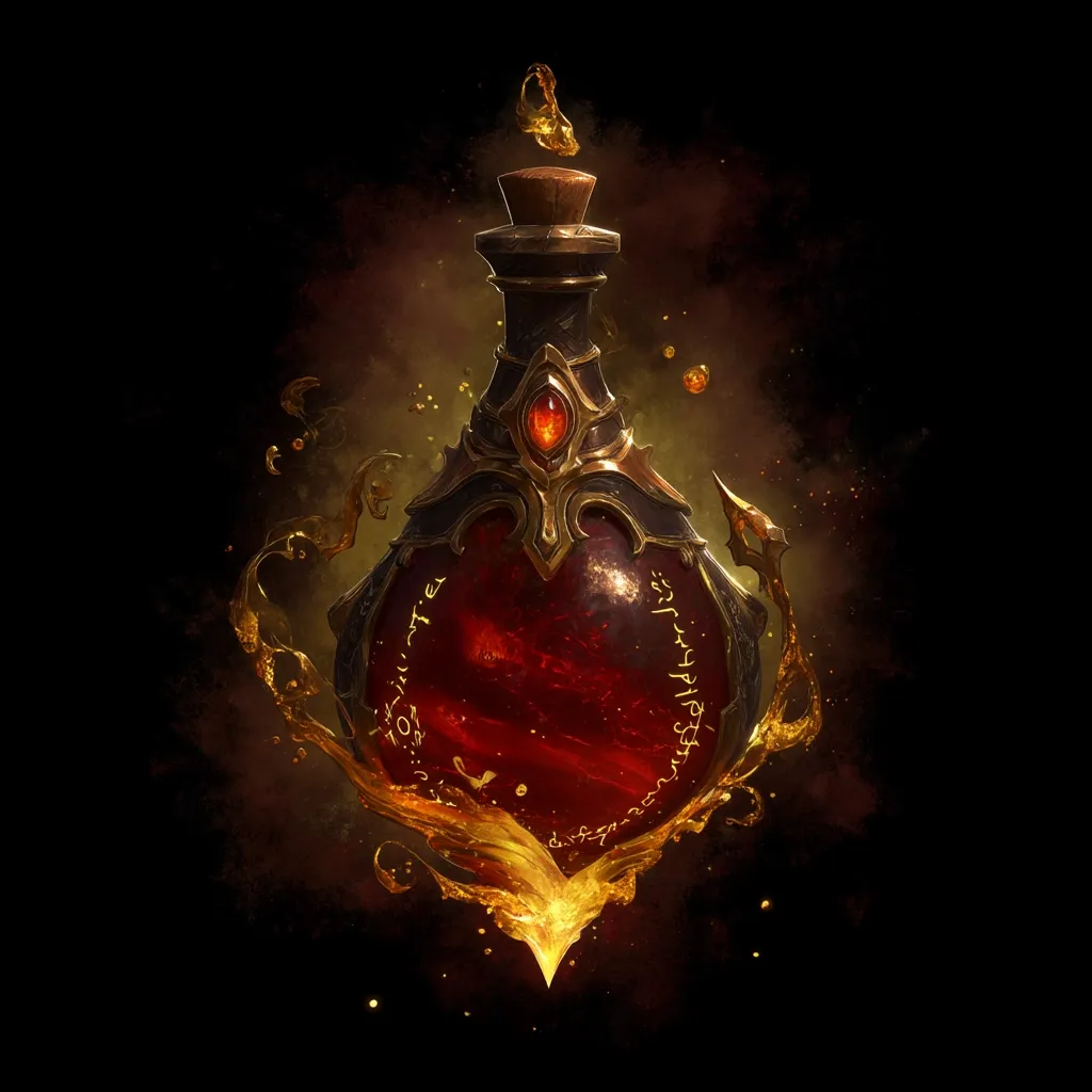 An ornate, dark bottle filled with glowing crimson liquid is depicted against a black background.  Intricate gold detailing adorns the bottle, which is encircled by swirling, golden, liquid-like patterns.  Runic inscriptions are visible on the bottle's surface, adding to its mystical aura. The overall effect is one of magical power and arcane energy.