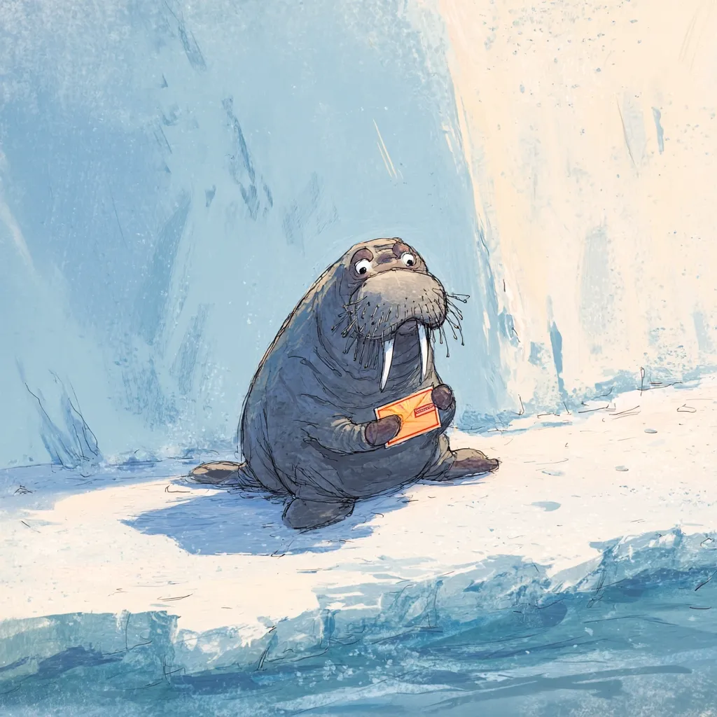 A walrus sits on a snowy, icy ledge, clutching an orange envelope.  The walrus appears pensive, its large tusks prominent. The background depicts a large, textured ice formation, with cool-toned blues and whites dominating the palette. The overall style is whimsical, with slightly rough lines and a muted color scheme. The scene evokes a sense of isolation and quiet contemplation.