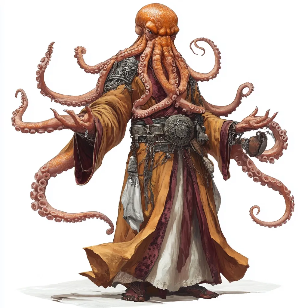A humanoid figure with an octopus head and multiple tentacles wears a long, flowing gold robe and ornate belt.  The tentacles are fleshy pink and curl elegantly.  The creature has a stern expression, its hands outstretched as if in a gesture of power or command.  The overall style suggests fantasy artwork, possibly from a game or book.