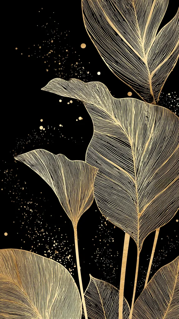 A stylized image showcases elegant gold leaf illustrations against a black backdrop.  Intricate linework details the leaves' veined textures, creating a luxurious feel.  Subtle gold speckles scatter across the background, adding a touch of sparkle and depth to the overall composition. The contrast between the gold and black produces a striking visual effect.