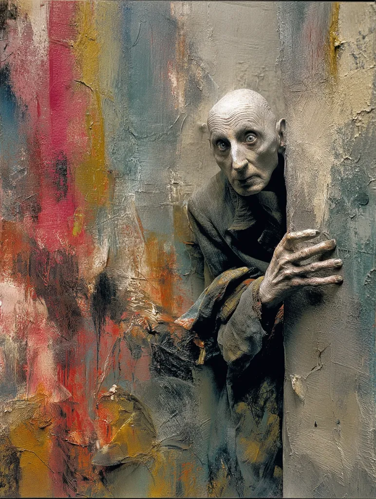 A haunting portrait captures a pale, elderly man partially concealed behind a textured, abstract background. His apprehensive gaze and weathered hands gripping a wall convey vulnerability and unease. The impasto style of the backdrop, with its vibrant hues and rough texture, mirrors the subject's emotional state, creating a powerful and unsettling image. The composition suggests a sense of hiddenness or confinement.