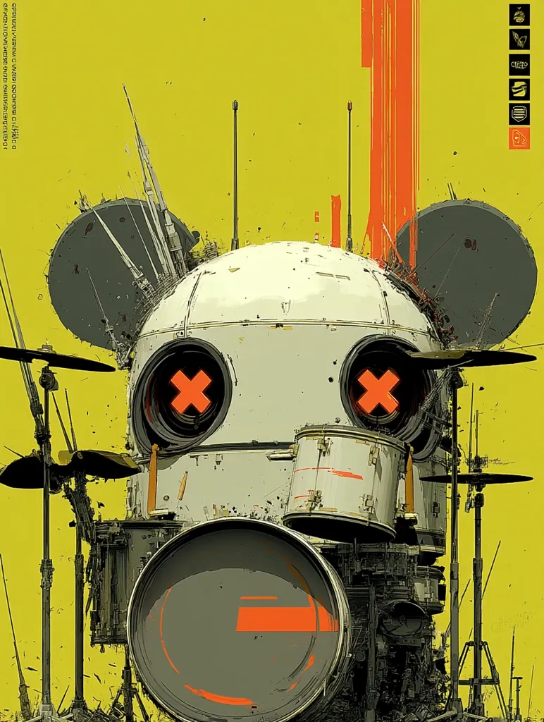 A stylized robotic Mickey Mouse figure is depicted playing a drum kit against a vibrant yellow background. The robot's head is a spherical, metallic construction with large, X-shaped eyes.  Its ears are composed of complex, antenna-like structures. The drum kit is similarly futuristic and worn, suggesting a post-apocalyptic or cyberpunk aesthetic.  Orange accents highlight details on the robot and drums.