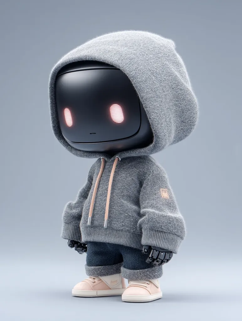 A charming robot, rendered in 3D, is depicted wearing a grey hoodie and jeans.  Its black face features soft, glowing pink lights for eyes, giving it an endearing expression.  The robot's mechanical hands are partially visible beneath the sleeves, subtly contrasting with its casual attire.  It stands on light pink sneakers, completing its fashionable and approachable appearance.