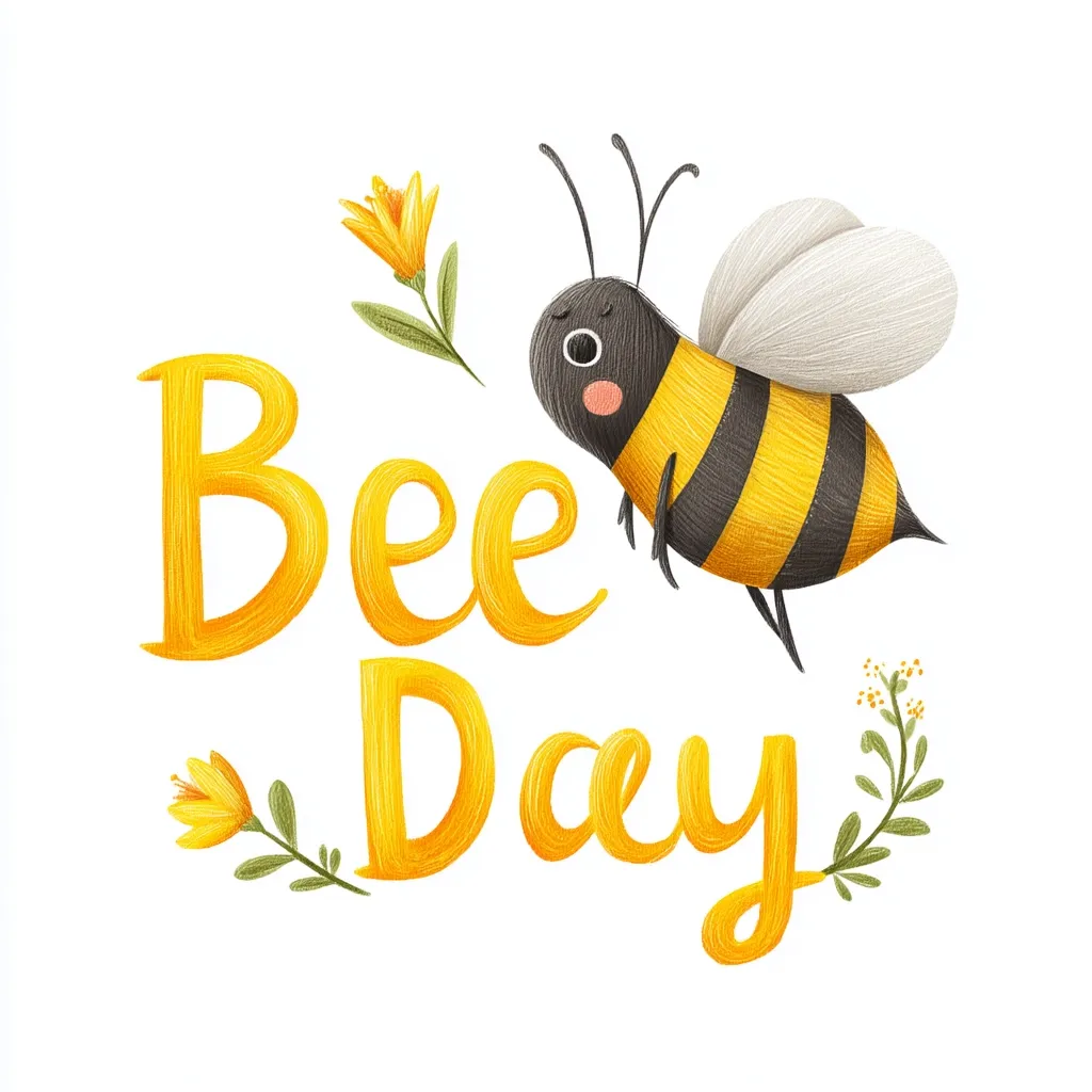 A cute cartoon bee with large eyes and a fluffy body is flying near the words "Bee Day" written in a playful, yellow font.  Small yellow flowers and green leaves decorate the design, creating a cheerful and whimsical illustration perfect for celebrating World Bee Day. The style is digitally rendered with textured strokes, giving it a hand-drawn feel.
