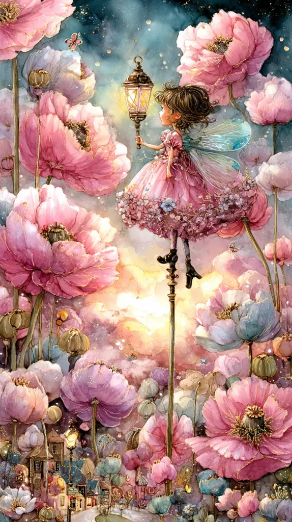 A whimsical watercolor painting depicts a fairy in a pink dress perched atop a lamppost in a field of giant pink poppies.  She holds a lit lantern, illuminating the fantastical scene.  Tiny houses are visible in the distance, adding to the dreamlike atmosphere.  The overall style is delicate and enchanting, with soft colors and glittering details.