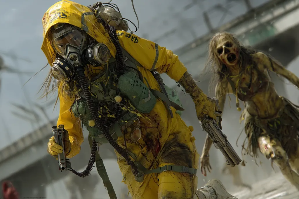 A woman in a mud-caked yellow hazmat suit and respirator runs through a post-apocalyptic landscape, armed with a futuristic handgun.  A decaying, monstrous figure, possibly a zombie, pursues her. The scene is gritty and desolate, with a grey, overcast sky and dilapidated structures in the background.  The overall mood is one of intense action and survival.