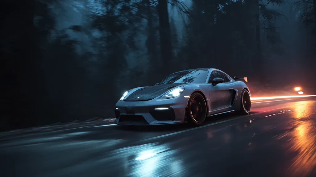 A sleek, light gray Porsche 718 Cayman GT4 RS speeds along a rain-slick road at night.  The dark, forested background is blurred by motion, emphasizing the car's velocity. Headlights illuminate the wet asphalt, creating streaks of light. The scene is dramatic and evocative of high-performance driving.