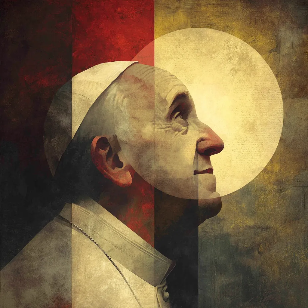 A stylized portrait of Pope Francis in profile, his gaze directed upward.  The image uses a muted color palette of browns, reds, and creams, with a large, pale circle behind him suggesting a halo or aura of light.  Geometric shapes are subtly layered, creating a textured and somewhat abstract effect. The overall mood is contemplative and serene.