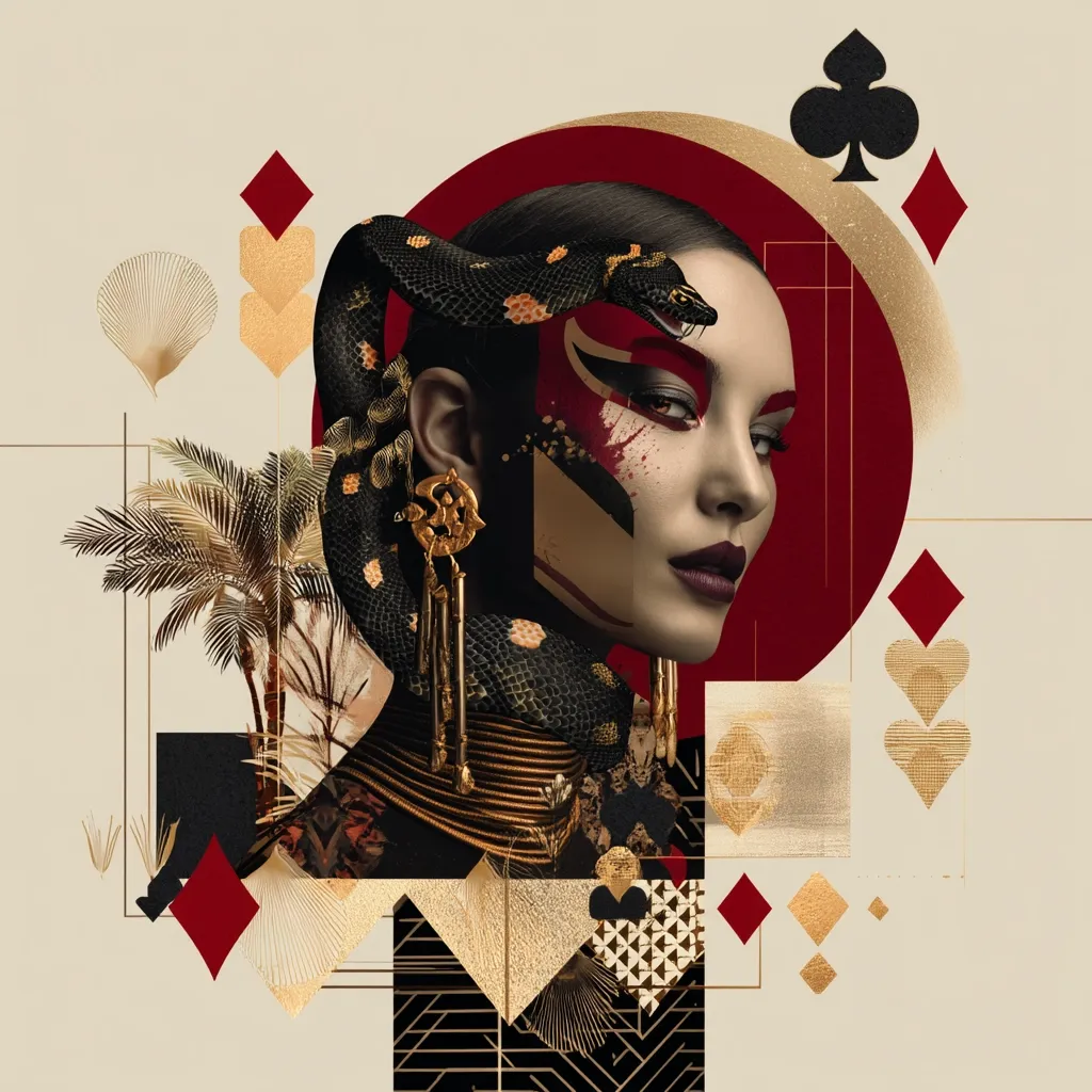 A stylized portrait of a woman adorned with a black snake as a headdress and elaborate gold jewelry.  Her face features dramatic makeup, incorporating red and gold accents. The background is a collage of geometric shapes, playing card suits, and tropical plants, creating a rich, textured, and visually striking composition in a palette of reds, golds, and blacks.
